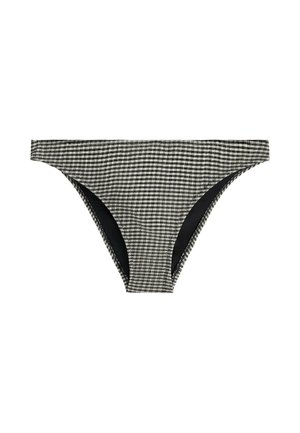 Schwarz-weiß karierte Bikinihose mit niedrigem Bund und moderater seitlicher Bedeckung auf weißem Hintergrund.