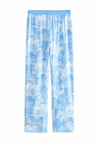 Blaue Schlafhosen mit einem weißen tropischen Muster, das Pflanzen und Tiere zeigt. Elastischer Bund, gerader Schnitt, weicher Stoff.