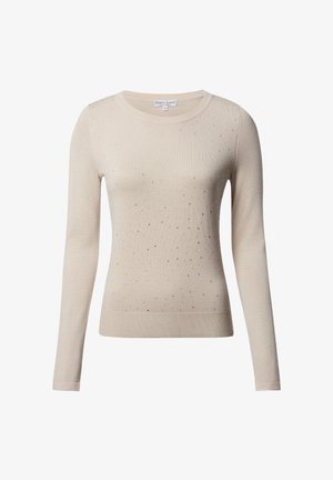 Beige long-sleeve sweater with a round neckline, featuring a subtle pattern of small, sparkly accents throughout. Soft knit material.