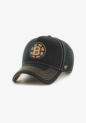Schwarze Baseballkappe aus Baumwoll-Twill mit einem gestickten, runden Logo mit einem beigen "B" und beigefarbenen Nähten entlang des Schirms.