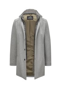 Grau wollmischung Mantel mit Reverskragen, Frontknöpfen und olivgrünem Futter. Verfügt über seitliche Taschen und ein elegantes, minimalistisches Design.