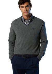 Maglione grigio a scollo a V realizzato in tessuto a maglia, indossato sopra una camicia a quadri blu e bianca con colletto. Presenta un piccolo logo sul petto.