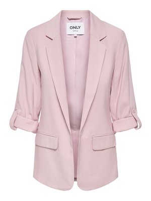 Heleroosa naiste bleiser üles keeratud varrukate, soonikkoes krae, kahe esiäärega tasku ja avatud esi disainiga.