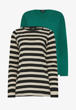 Kaksi pitkähihasta paitaa: yksi vihreä, V-pääntie ja sileä pinta; toinen kerma- ja mustaraitainen, pyöreä kaula-aukko ja pehmeä kangas.