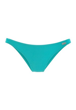 Türkisfarbene Bikinihöschen für Damen mit niedrigem Bund und einem kleinen metallischen Markenzeichen auf der rechten Seite, vor weißem Hintergrund dargestellt.