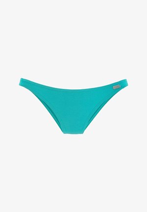 Türkisfarbene Bikinihöschen für Damen mit niedrigem Bund und einem kleinen metallischen Markenzeichen auf der rechten Seite, vor weißem Hintergrund dargestellt.