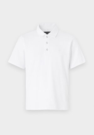 Bílá polo košile s límečkem, zapínáním na tři knoflíky a krátkými rukávy. Měkký bavlněný materiál s hladkou texturou.
