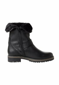 Bottine en cuir noir avec un col en fausse fourrure, fermeture éclair sur le côté et détail de sangle. Semelle en caoutchouc épaisse avec bande de roulement pour une meilleure adhérence.