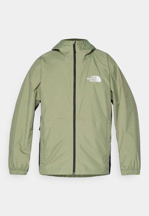 Lagani, maslinasto zeleni jakna s kapuljačom, elastičnim manžetama, punim patentnim zatvaračem sprijeda i logotipom The North Face na prsima. Potpuno pojednostavljen dizajn.
