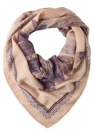 Écharpe carrée beige avec motifs de feuilles violettes et brunes et bordure géométrique, pliée en cercle de manière lâche.