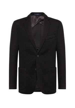 Zwarte blazer van een gestructureerde stof, met een enkele knoopsluiting, twee zakken aan de voorkant, een notch revers en een gladde binnenvoering.