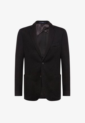 Blazer negro con una tela texturizada, cierre de un solo botón, dos bolsillos frontales, solapa de muesca y un forro interior suave.