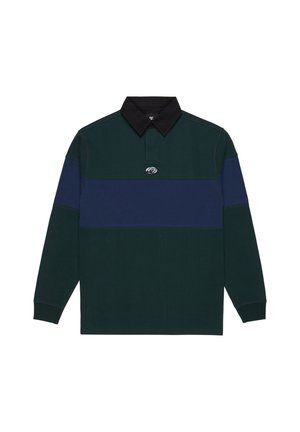 Long-sleeve polo shirt in dark green with a navy blue horizontal stripe. Features a black collar and a logo on the chest. Textured fabric.