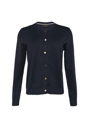 Marineblauer Cardigan aus weichem Strickmaterial, mit einem runden Halsausschnitt, langen Ärmeln und Knopfverschlüssen in Goldoptik auf der Vorderseite.