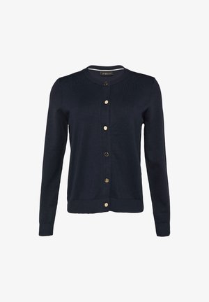 Marineblauer Cardigan aus weichem Strickmaterial, mit einem runden Halsausschnitt, langen Ärmeln und Knopfverschlüssen in Goldoptik auf der Vorderseite.