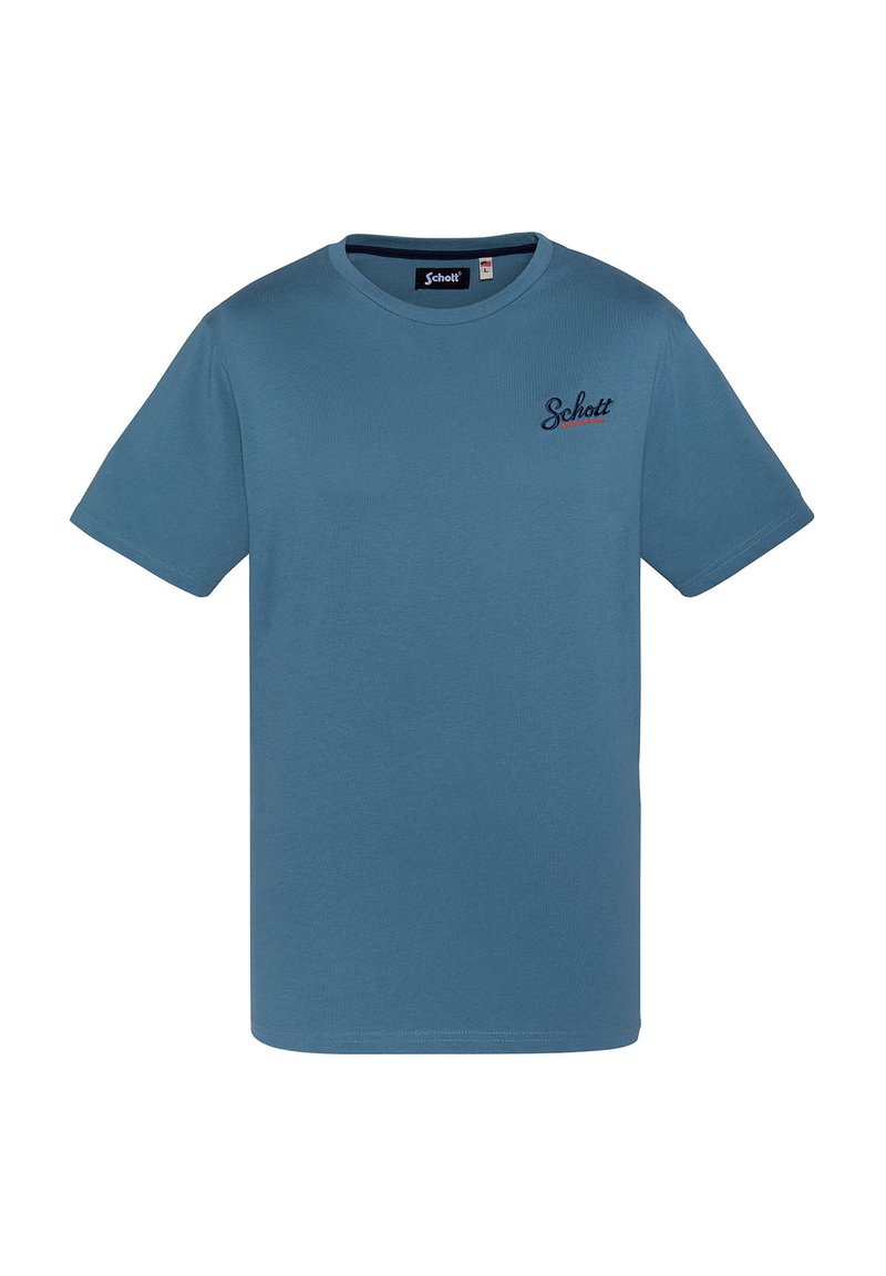 Camiseta de algodón en azul claro, con mangas cortas y escote redondo. Pequeño logo en navy "Schott" en la parte delantera, textura suave.