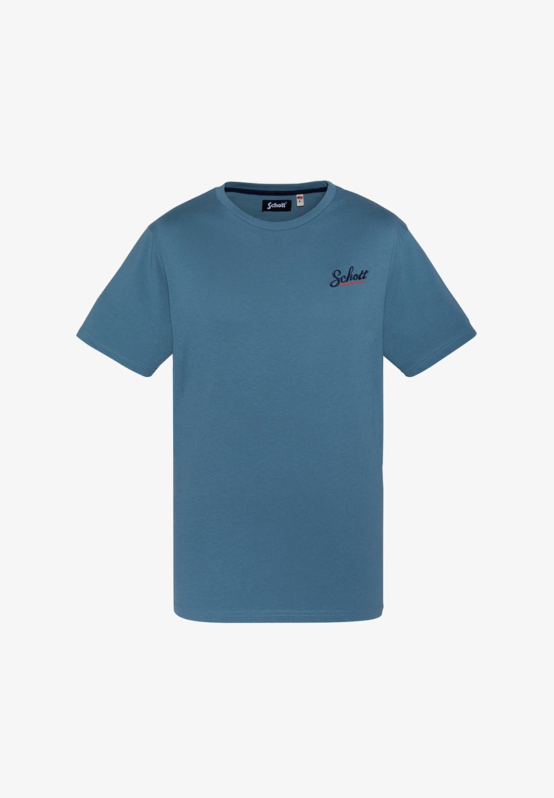 Camiseta de algodón en azul claro, con mangas cortas y escote redondo. Pequeño logo en navy "Schott" en la parte delantera, textura suave.