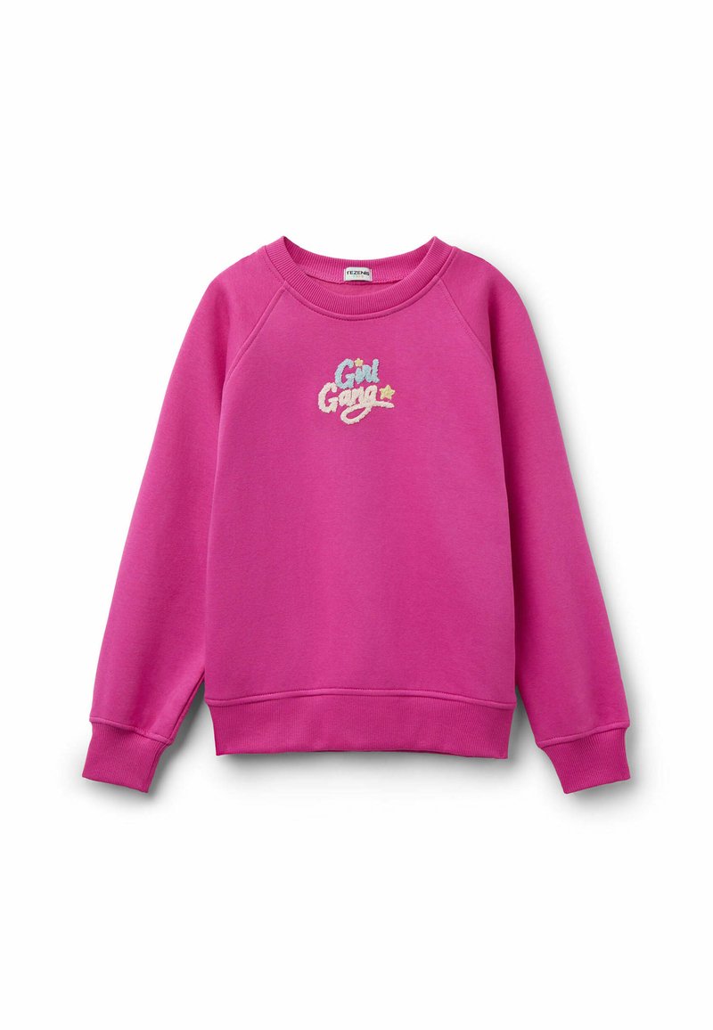 Růžová mikina s raglánovými rukávy, s vyšitým sloganem "Girl Gang" v mnoha barvách. Měkká, strukturovaná tkanina, elastické manžety.