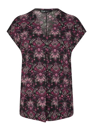Sort kortærmet bluse med et mønster af pink og hvide blomster i paisley-design samt V-hals detalje.