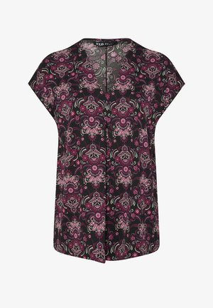 Black short-sleeve blouse with pink and white floral paisley pattern and V-neck collar detail.