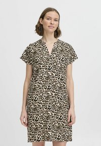 Leopardenmuster-Kleid mit V-Ausschnitt, kurzen Ärmeln und lockerer Passform. Hergestellt aus leichtem Stoff, mit schwarzen und sandfarbenen Farbkontrasten.