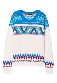 Strickpullover mit weißem Grund, der geometrische Muster in Blau, Türkis und Burgunderrot aufweist. Klassisches Rundhalsdesign, weicher Stoff.