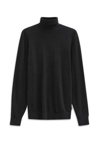 Schwarzer Rollkragenpullover aus weichem Strickmaterial, mit langen Ärmeln, gerippten Bündchen und einem dezenten Logo auf der Vorderseite.