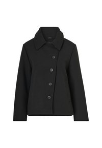 Cappotto in misto lana nero con ampio colletto, sei bottoni, due tasche laterali e un design strutturato. Presenta una texture liscia e una vestibilità su misura.