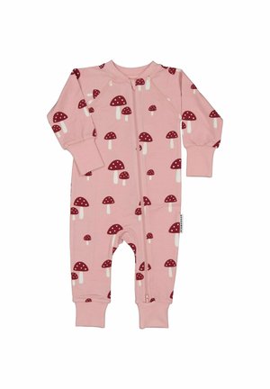 Pink babyheldragt med lange ærmer med røde og hvide svampe mønstre, lynlås foran og ribkanter på ærmer og ben.