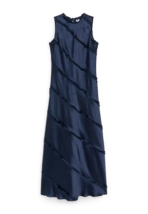 Robe longue bleu marine sans manches avec un col haut et des rayures texturées diagonales sur le tissu.