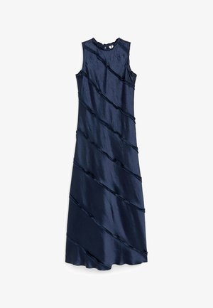 Bezrukávové dlhé námornícke modré šaty s vysokým výstrihom a diagonálnymi textúrovanými pásikmi na látke.