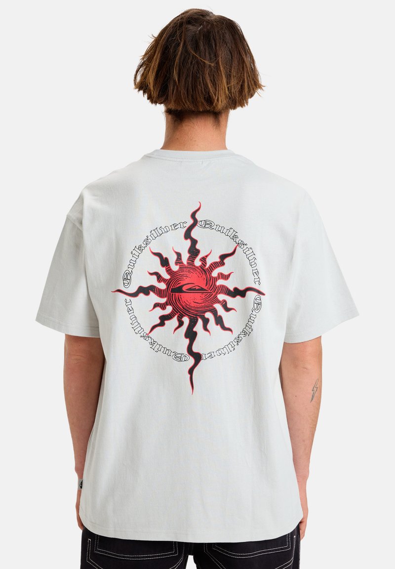 Light gray cotton t-shirt featuring a red sun graphic with black accents on the back, short sleeves, and a relaxed fit.