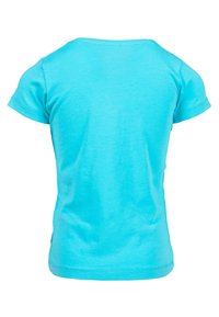 Turquoise cotton t-shirt with a round neckline and short sleeves, featuring a smooth texture and a straight hem at the bottom.