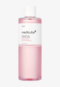 Tonico Lenitivo PDRN Pink Cica di Medicube in una bottiglia cilindrica trasparente con un tappo bianco. Liquido rosa con testo bianco e rosa minimale.