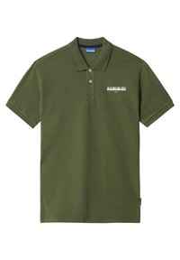 Olivově zelené polo tričko vyrobené z bavlny, s límečkem na knoflíky, krátkými rukávy a logem "Napapijri" na levé části hrudi.