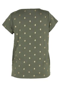 Olivengrøn T-shirt med korte ærmer, prydet med et mønster af små, gyldne bladmotiver jævnt fordelt over stoffet.