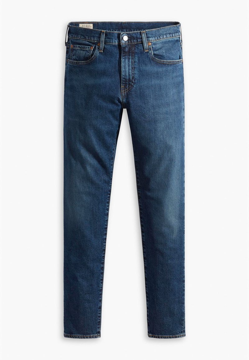 Donkerblauwe denim jeans met een rechte pasvorm. Kenmerken zijn vijf zakken, een knoopsluiting en subtiele vervaging op de dijen.