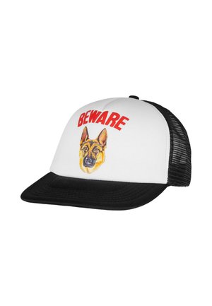 Sort/hvid snapback cap med netbagside, der har et grafik af en tysk hyrdehund og ordet "BEWARE" trykt i rød.