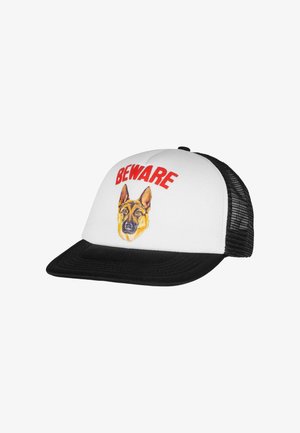 Mustvalge snapback müts, millel on võrkmaterjalist seljaosa, millel on graafika saksa lambakoerast ja sõna "OLGE ETTEVAATLIK" trükitud punaselt.