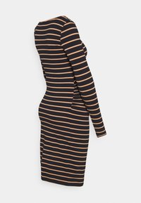 Abito aderente lungo fino al ginocchio con maniche lunghe, caratterizzato da righe orizzontali nere e beige e una scollatura rotonda.