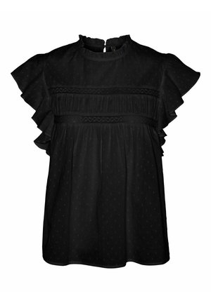 Zwarte blouse met korte mouwen, voorzien van ruches, horizontale plooien en een kanten accentband. Textuurstof met een subtiel stippenpatroon.