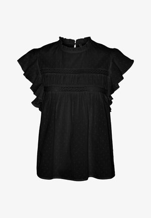 Blouse noire à manches courtes avec des manches volantes, des plis horizontaux et une bande en dentelle. Tissu texturé avec un motif à pois subtil.