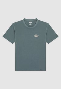 Camiseta de algodón de manga corta y cuello redondo en color turquesa con un pequeño logo en el pecho y una etiqueta en el dobladillo. Textura suave, corte relajado.