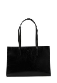 Sac fourre-tout en cuir noir avec une texture lisse, une forme rectangulaire allongée, des poignées plates doubles et un design minimaliste. Aucuns accessoires ou éléments métalliques visibles.