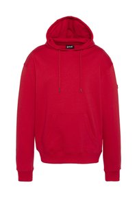 Sudadera con capucha roja hecha de una mezcla de algodón. Cuenta con un bolsillo frontal tipo canguro, cordones ajustables y puños acanalados. Textura suave.