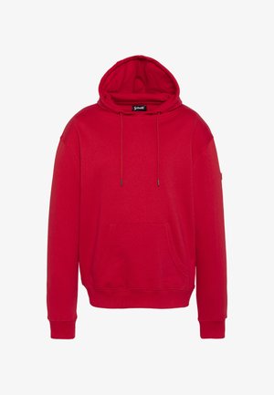 Felpa rossa con cappuccio realizzata in misto cotone. Presenta una tasca a marsupio frontale, coulisse regolabili e polsini a coste. Texture liscia.