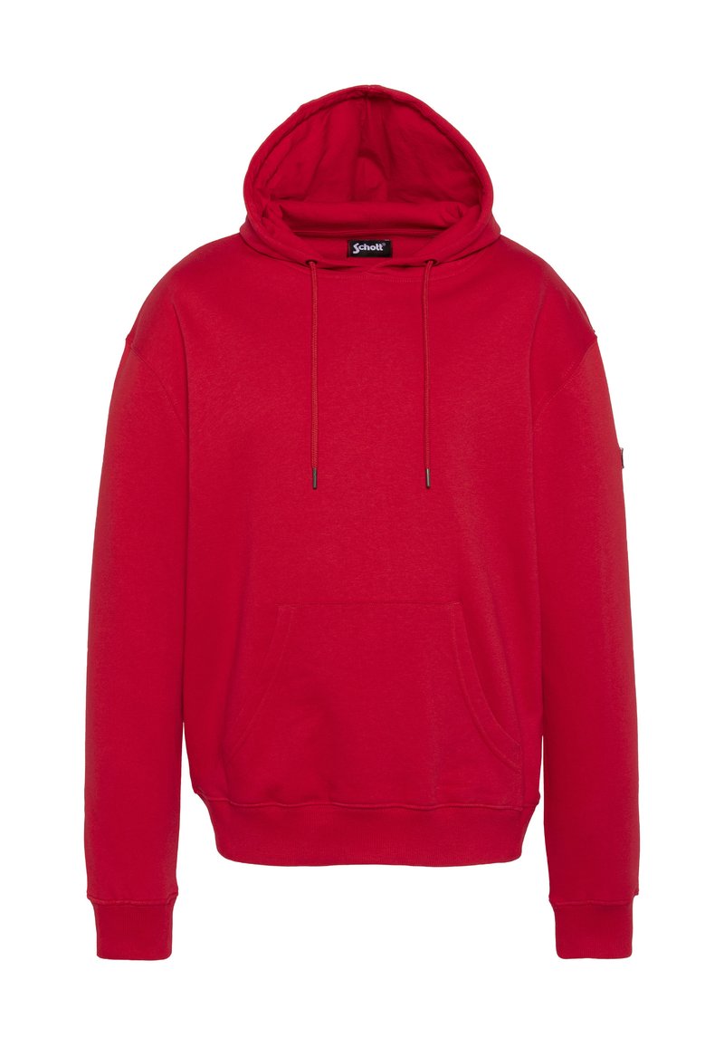 Sudadera con capucha roja hecha de una mezcla de algodón. Cuenta con un bolsillo frontal tipo canguro, cordones ajustables y puños acanalados. Textura suave.