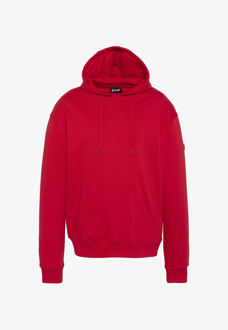 Sudadera con capucha roja hecha de una mezcla de algodón. Cuenta con un bolsillo frontal tipo canguro, cordones ajustables y puños acanalados. Textura suave.