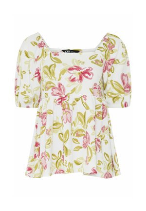 Hvid bluse med pink og grøn blomstret print, firkantet udskæring, puffede korte ærmer og udvidet talje.