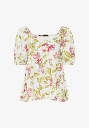 Blusa bianca con stampa floreale rosa e verde, scollo quadrato, maniche corte a sbuffo e vita svasata.